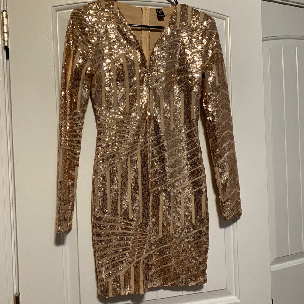 Gold Toned Fitted Sequined Dress